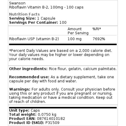 Riboflavín Vitamín B2, 100 mg - 100 kapsúl – Obrázok 2