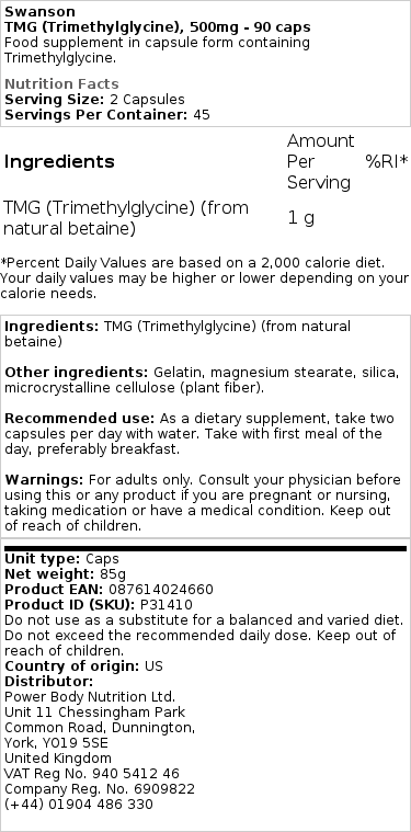 TMG (Trimetylglycín), 500 mg - 90 kapsúl – Obrázok 2