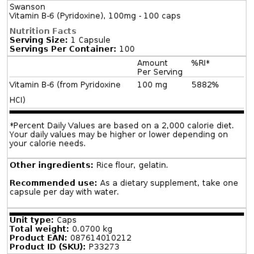 B6 Pyridoxín, 100 mg - 100 kapsúl – Obrázok 2
