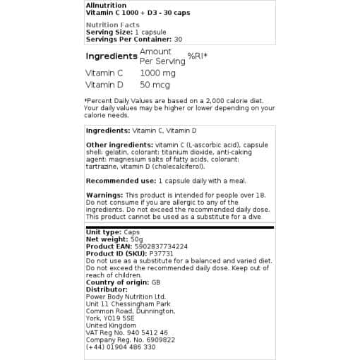 Allnutrition - Βιταμίνη C 1000 + D3 - 30 κάψουλες