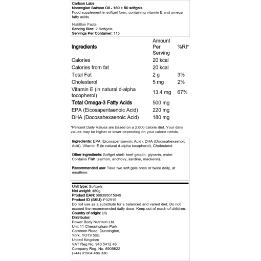 Carlson Labs - Νορβηγικό έλαιο σολομού - 180 + 50 softgels