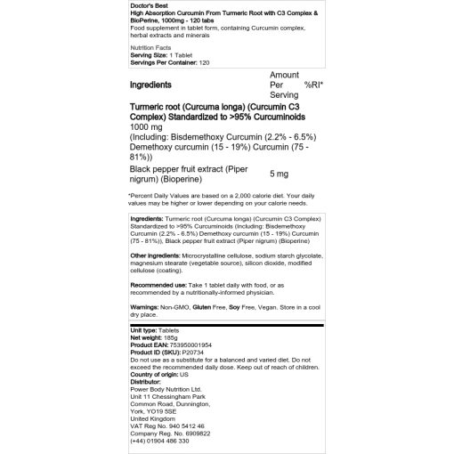 Doctor's Best - Κουρκουμίνη υψηλής απορρόφησης από ρίζα κουρκουμά με σύμπλεγμα C3 & BioPerine