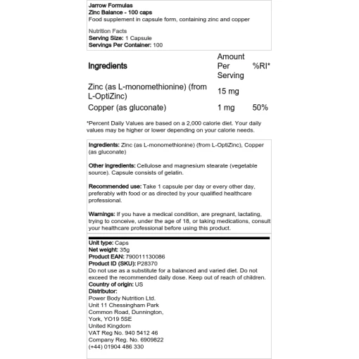 Jarrow Formulas - Ισορροπία ψευδαργύρου - 100 κάψουλες