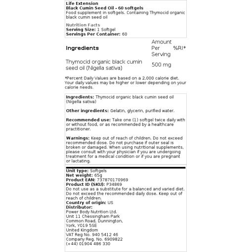 Life Extension - Μαύρο έλαιο σπόρων κύμινου - 60 softgels