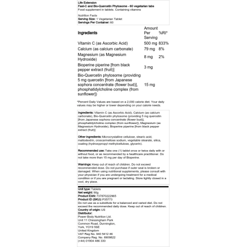 Life Extension - Fast-C και Bio-Quercetin Phytosome - 60 καρτέλες για χορτοφάγους