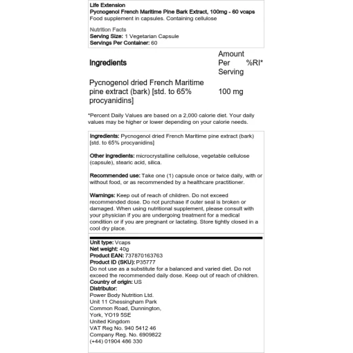 Life Extension - Pycnogenol Γαλλικό εκχύλισμα φλοιού θαλάσσιου πεύκου