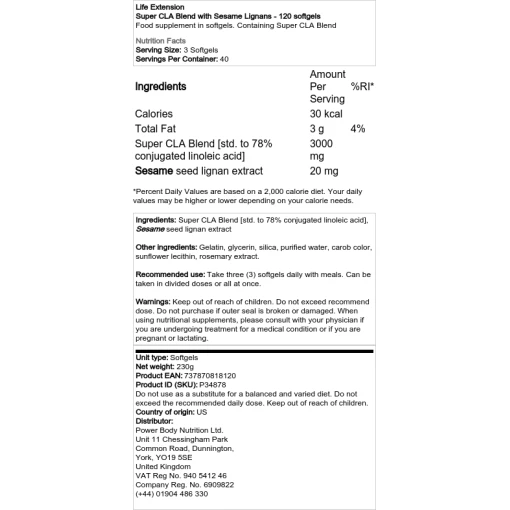 Life Extension - Super CLA Blend with Sesame Lignans - 120 softgels