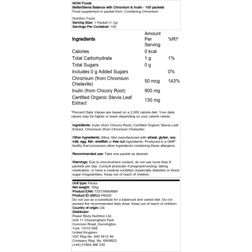 NOW Foods - BetterStevia Balance με χρώμιο & ινουλίνη - 100 πακέτα