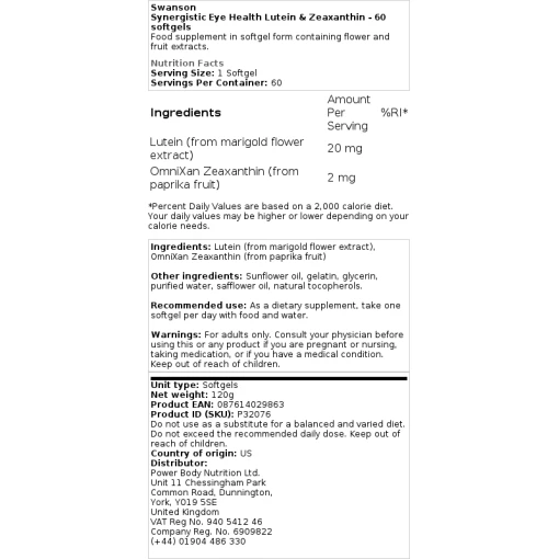 Swanson - Synergistic Eye Health Lutein & Zeaxanthin - 60 softgels