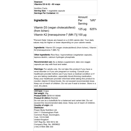 Swanson - Βιταμίνες D3 & K2 - 60 vcaps