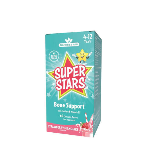 Natures Aid - Natures Aid Super Stars Podpora kostí - Chuť jahodového mliečneho koktailu (60 žuvacích tabliet)