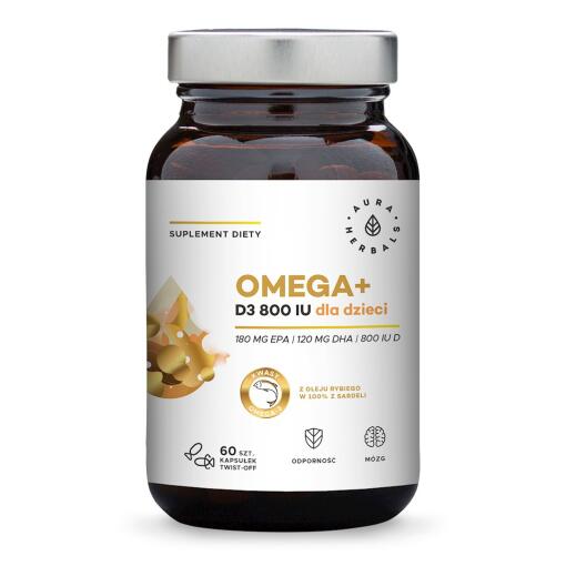Aura Herbals - AURA HERBALS Omega+ Vitamín D3 800 IU pre deti (60 kapsúl s možnosťou odtrhnutia)