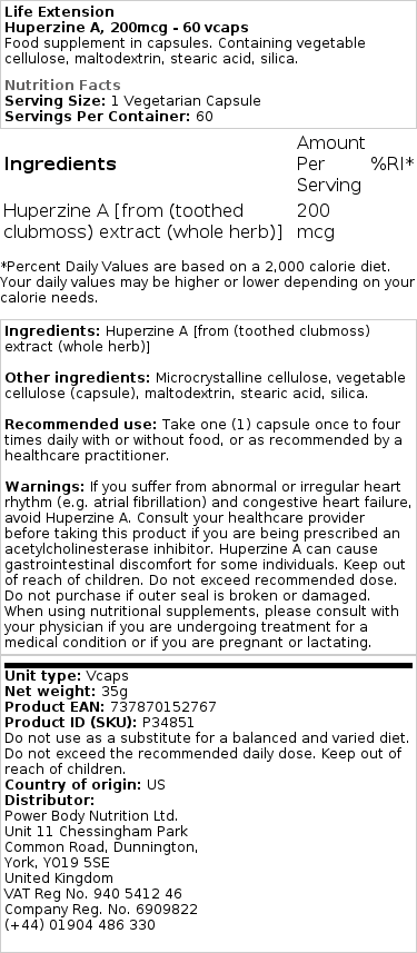 Huperzín A, 200 mcg - 60 rastlinných kapsúl – Obrázok 2