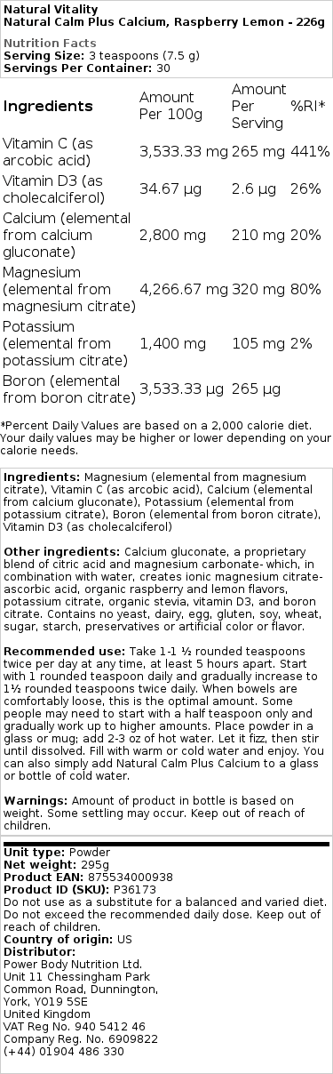 Prírodný Kľud Plus Vápnik, Malina Citrón (EAN 875534000938) - 226g – Obrázok 2