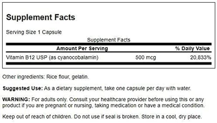 Vitamín B12, 500 mcg - 100 kapsúl – Obrázok 3