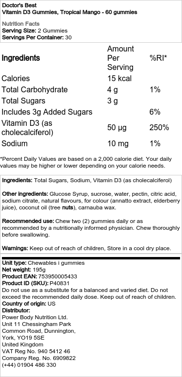 Vitamín D3 vo forme gumových cukríkov, tropické mango - 60 gumeniek – Obrázok 2