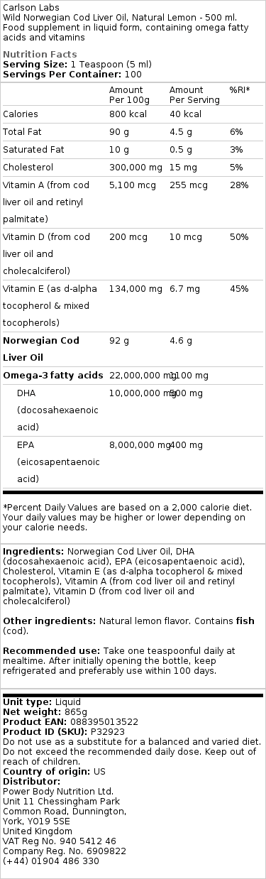 Divoký nórsky tresčí pečeňový olej, 1100 mg, prírodná citrónová príchuť - 500 ml – Obrázok 2