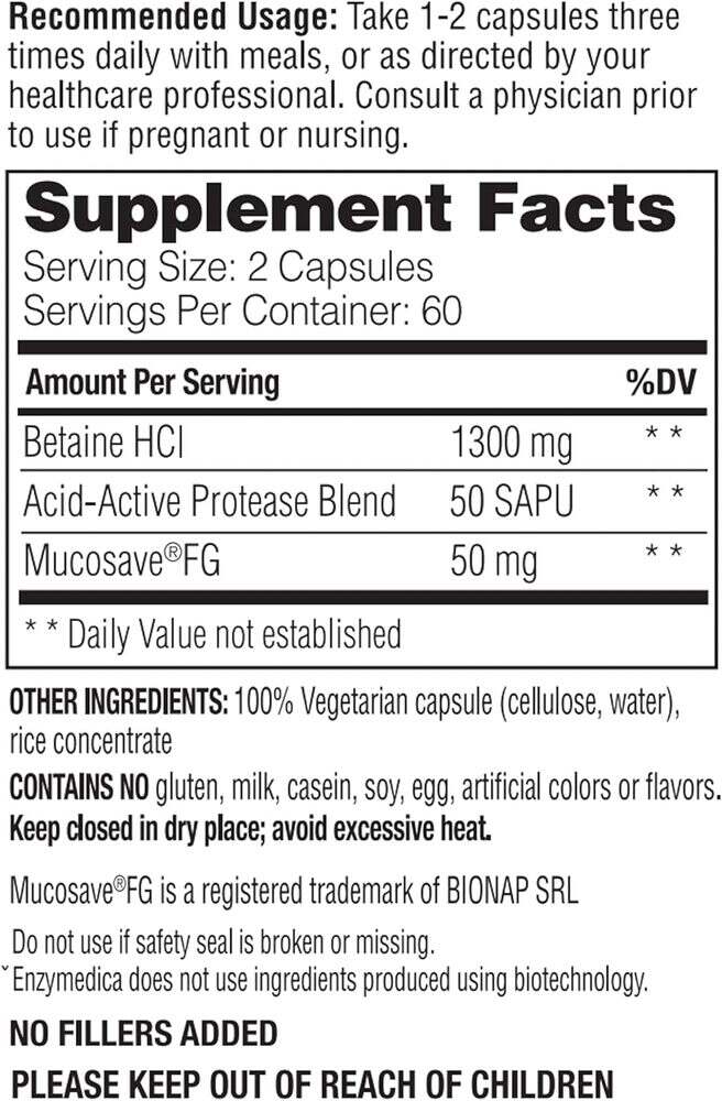 Enzymedica Betain HCl 600 mg, 60 kapsúl – Obrázok 3