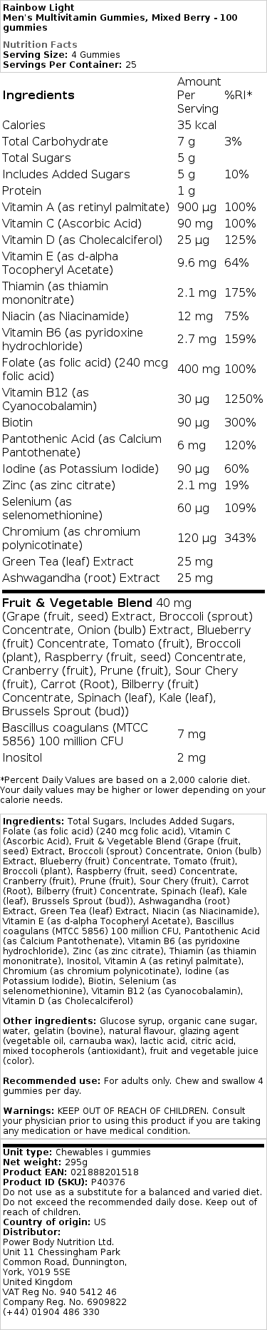 Multivitamínové gumy pre mužov, zmiešané bobule - 120 gumičiek – Obrázok 2