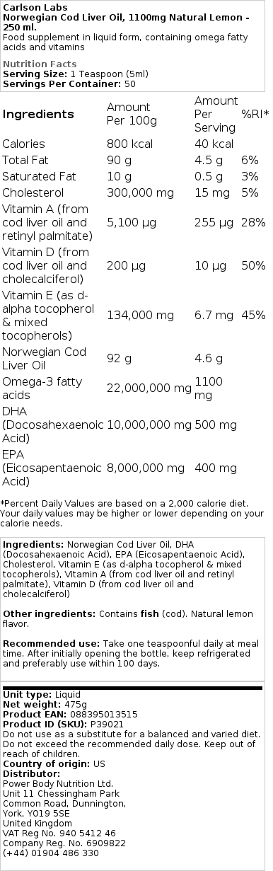 Divoký nórsky tresčí pečeňový olej s prírodnou citrónovou príchuťou, 1100 mg - 250 ml – Obrázok 2