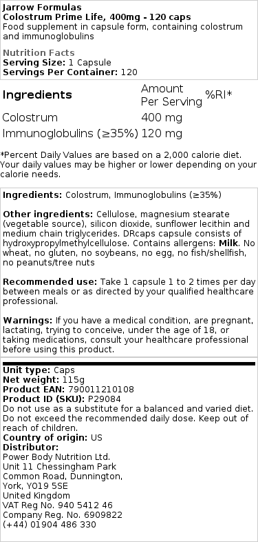 Colostrum Prime Life, 400 mg - 120 kapsúl – Obrázok 2