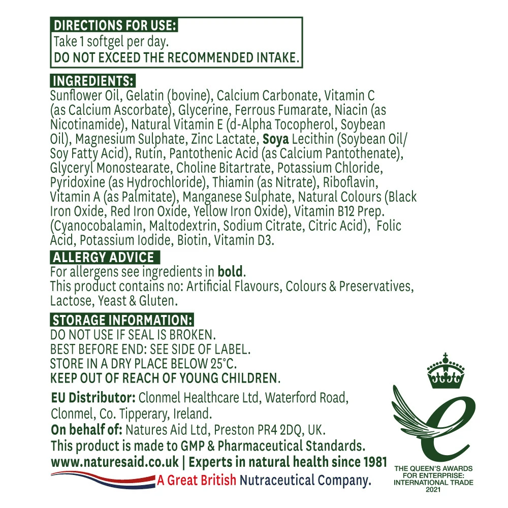 Natures Aid - Multivitamíny a minerály Natures Aid (s železom) (90 mäkkých kapsúl) – Obrázok 4