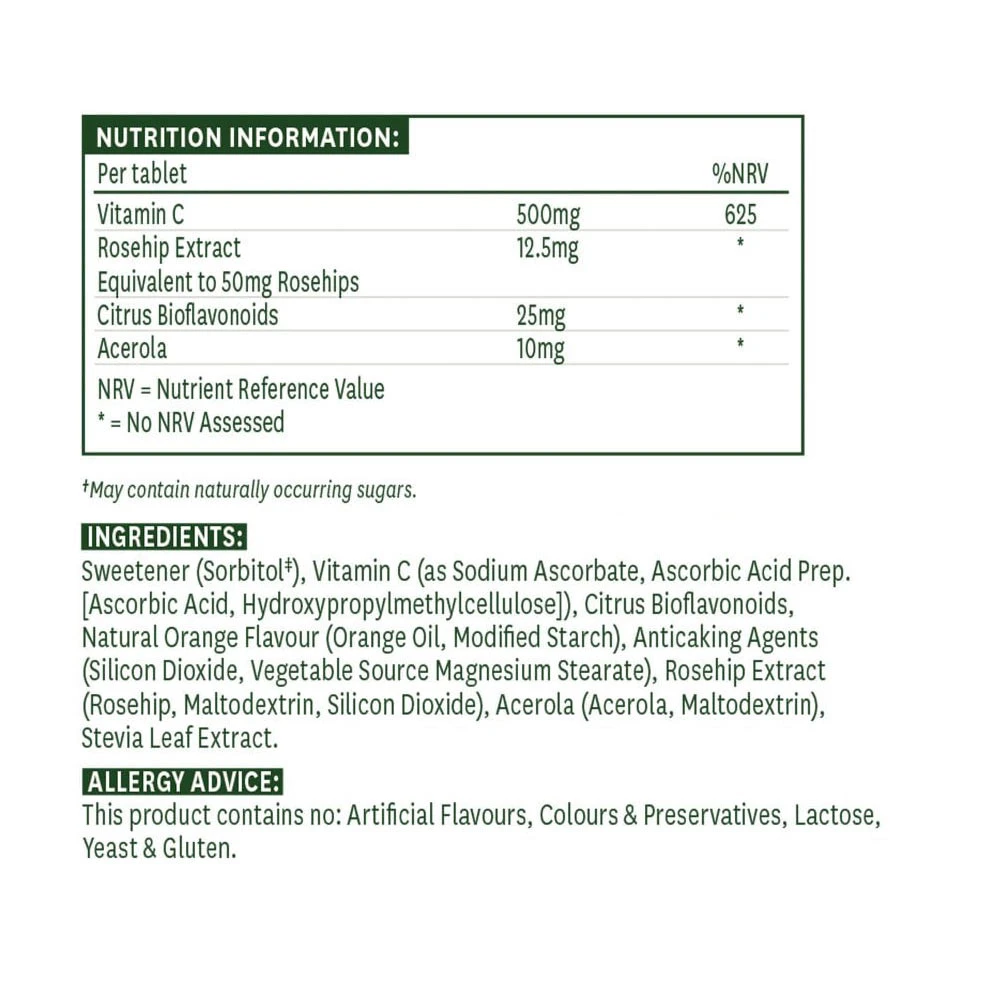 Natures Aid - Žuvacie tablety vitamínu C 500 mg s pomarančovou príchuťou (100 tabliet) – Obrázok 2