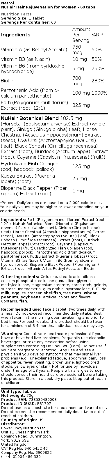 NuHair obnova vlasov pre ženy - 60 tabliet – Obrázok 2