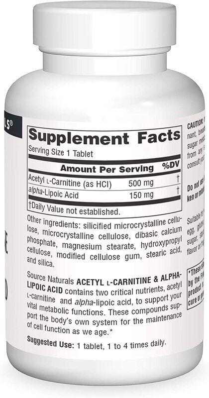 Source Naturals Acetyl-L-karnitín a alfa-lipoová kyselina 650 mg, 60 vegetariánskych tabliet – Obrázok 3