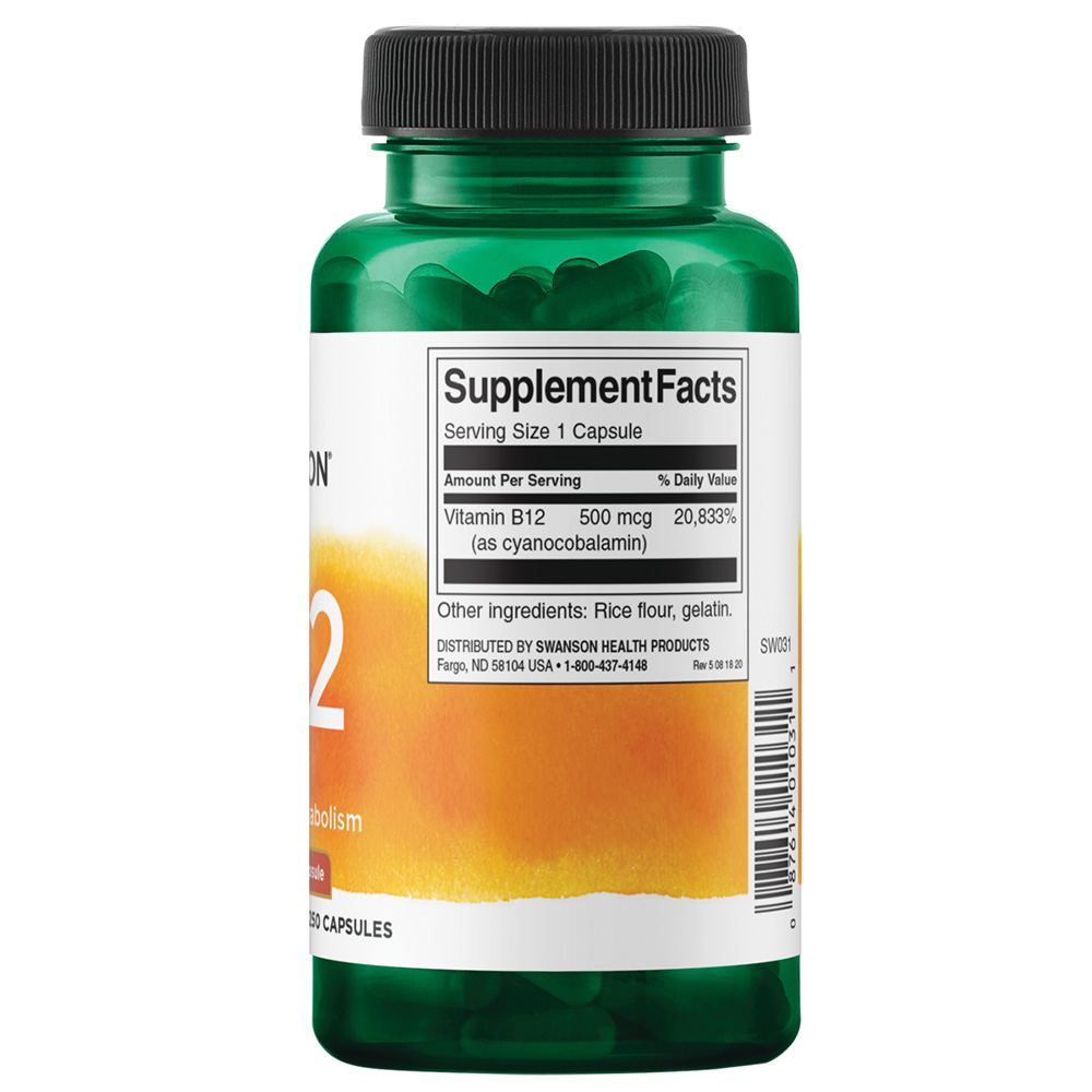 Swanson Vitamín B12 500 mcg, 250 kapsúl – Obrázok 3