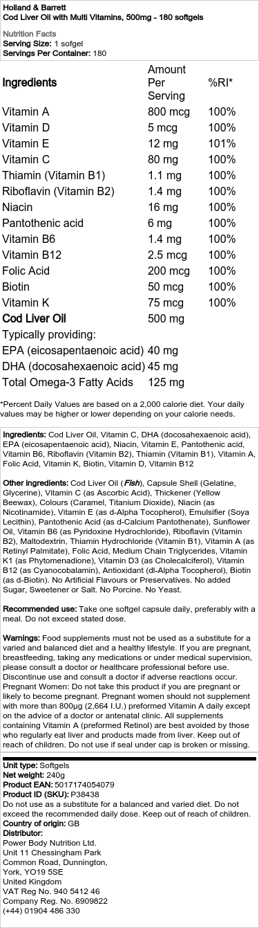 Tresčia pečeňová olej s multivitamínmi, 500 mg - 180 mäkkých kapsúl – Obrázok 2