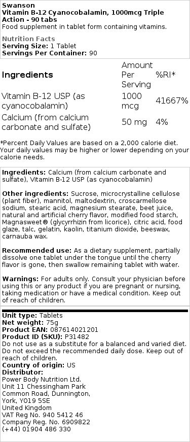 Vitamín B-12 Kyanokobalamín, 1000 mcg trojnásobné účinky - 90 tabliet – Obrázok 2