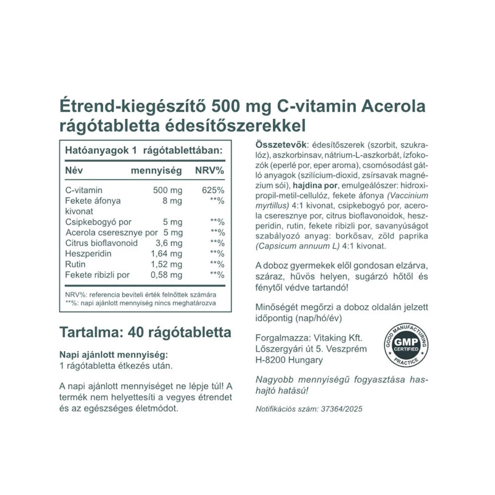 Vitaking - Vitamín C-500 s acerolou a malinou (40 žuvacích tabliet, balenie s príchuťou jahody) – Obrázok 2